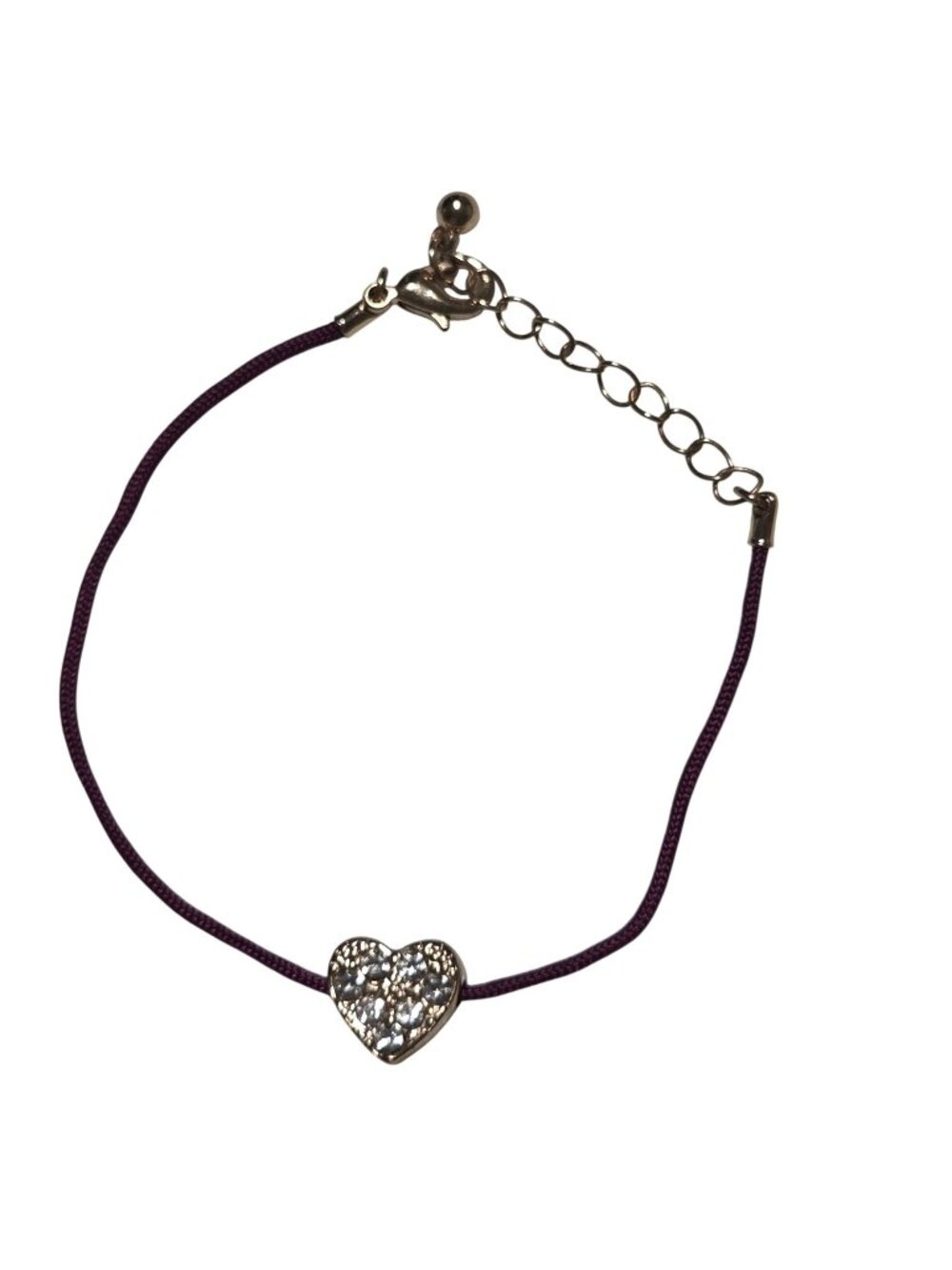 Heart Charm Bracelet Rhinestone Accents Purple Cord Fashion Jewelry Gift Love